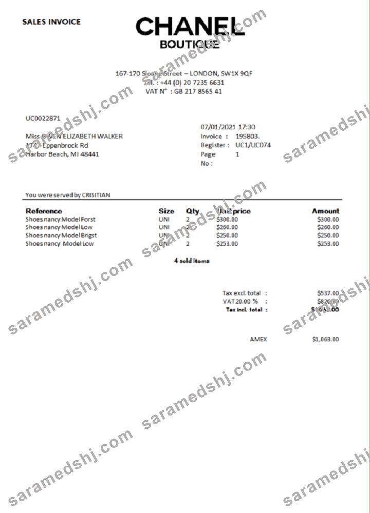 Sales Invoice Chanel Boutique